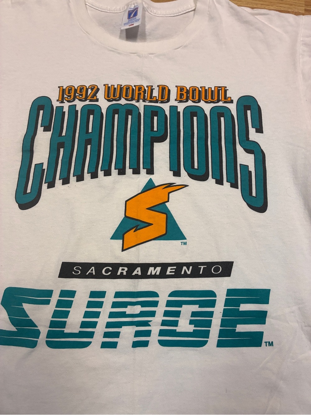 Vintage 1992 Sacramento Surge World Bowl Champions Tee Logo 7 Large
